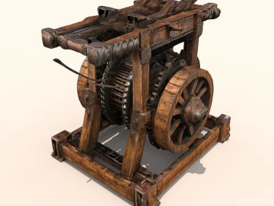 Ancient Wooden Mechanical Device With Large Wheel Gears Ropes And Structural Frame 3d model