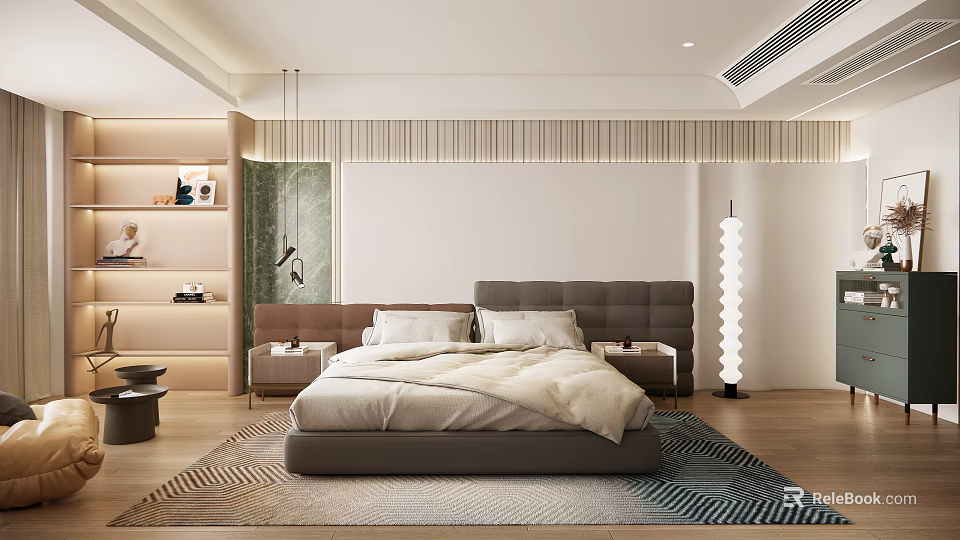 Modern Bedroom Interior Design With Gray Bed White Quilt Bedside Tables And Geometric Rug 3d model 
