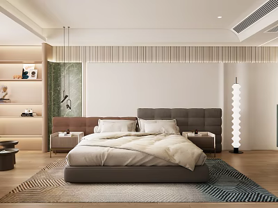 Modern Bedroom Interior Design With Gray Bed White Quilt Bedside Tables And Geometric Rug 3d model