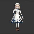 3D Model Of Standing Nurse Character With Pink Hair White Cap And Blue Trimmed Dress