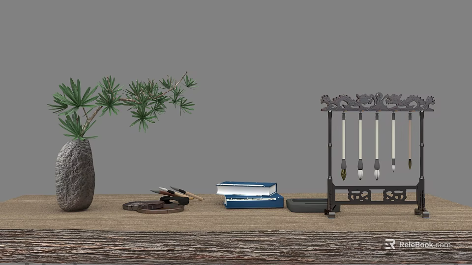 Wooden Desk Setup With Stone Vase Green Plant Books And Brush Holder 3d model 