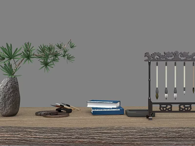 Wooden Desk Setup With Stone Vase Green Plant Books And Brush Holder 3d model