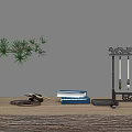 Wooden Desk Setup With Stone Vase Green Plant Books And Brush Holder