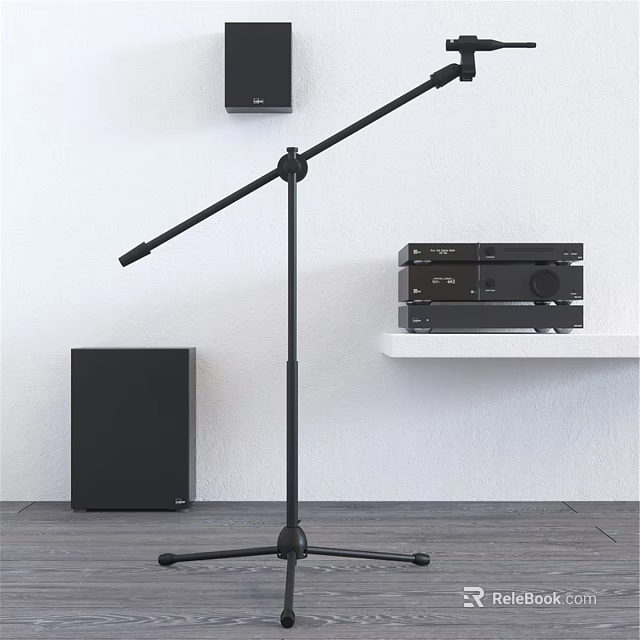 Home Audio System Setup With Black Speakers Microphone Stand And Amplifier 3d model 