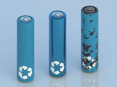 Three Blue Household Batteries With Recycle Symbol Showing Used And New States For Daily Use 3d model