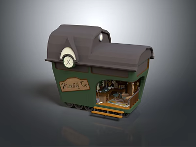 Cartoon Style Mobile Dining Car With Brown Roof And Green Body 3d model