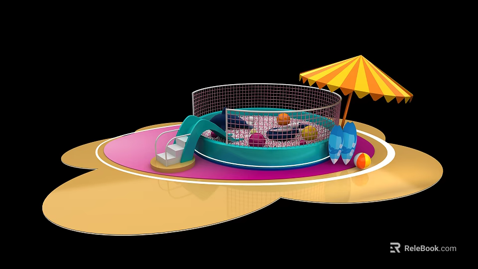 Colorful Playground Equipment with Circular Net Enclosure Slide Balls Sunshade Umbrella and Surfboard 3d model 