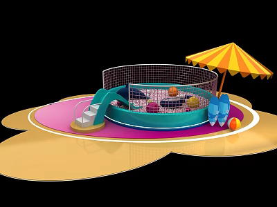 Colorful Playground Equipment with Circular Net Enclosure Slide Balls Sunshade Umbrella and Surfboard 3d model
