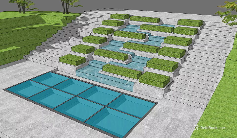 Modern Outdoor Staircase with Concrete Steps Water Feature and Greenery Design 3d model 