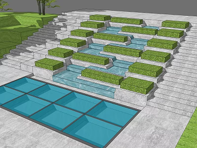 Modern Outdoor Staircase with Concrete Steps Water Feature and Greenery Design 3d model