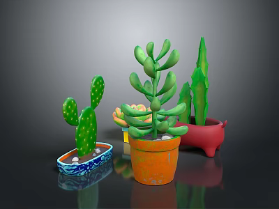 Decorative Potted Cactus Plants in Various Colored and Shaped Pots on Dark Background 3d model