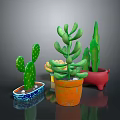 Decorative Potted Cactus Plants in Various Colored and Shaped Pots on Dark Background