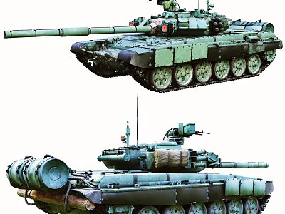 Top And Side View Of Military Tanks With Long Barrel And Tracked Wheels 3d model