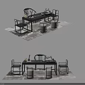 Modern Chinese Style Wooden Tea Table and Chairs with Round Stools on Rug