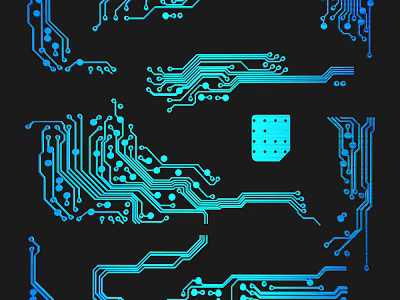 Detailed Blue Circuit Board Lines with Central Chip on Black Background 3d model
