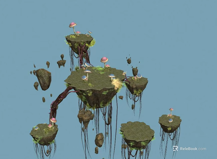Lush Green Floating Platforms Covered In Moss With Mushrooms Vines And Hanging Roots 3d model 