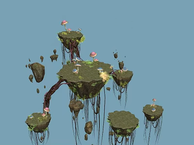 Lush Green Floating Platforms Covered In Moss With Mushrooms Vines And Hanging Roots 3d model