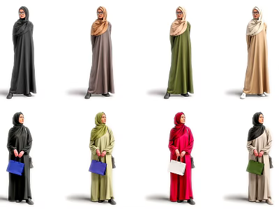 Women Wearing Various Colored Abayas With Hijabs And Holding Handbags 3d model