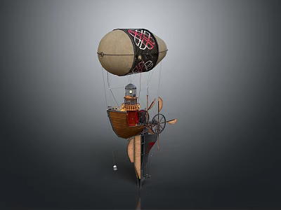 Vintage Airship Featuring Boat Like Structure Lantern Wheel And Beige Black Patterned Balloon 3d model
