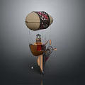 Vintage Airship Featuring Boat Like Structure Lantern Wheel And Beige Black Patterned Balloon