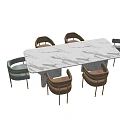 Modern Dining Table Set With White Marble Top And Six Dark Blue Chairs 3d model
