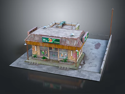 Retail Store Exterior Featuring Green Sign Awning Potted Plants And Street Lamp 3d model