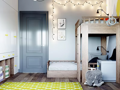 Wooden Bunk Bed In Modern Kids Room With Gray Door String Lights And Yellow Rug 3d model