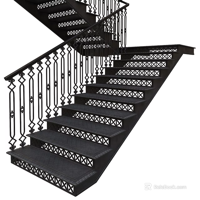 Black Staircase With Wrought Iron Railing And Intricate Patterned Steps 3d model 