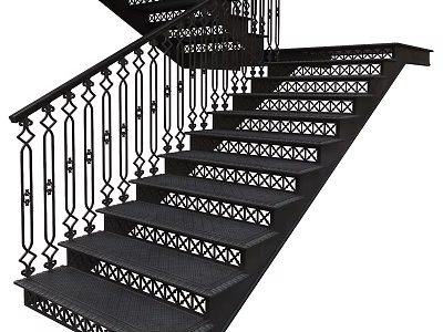 Black Staircase With Wrought Iron Railing And Intricate Patterned Steps 3d model
