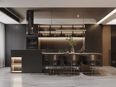 Modern Basement Interior Design With Dark Cabinets Bar Counter And High Stools 3d model