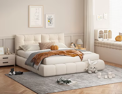 Cream Wind Double Bed Puff Double Bed Wedding Bed Master Bedroom Cream Wind Bay Window Bedside Table Decorative Cabinet Pillow Decorative Painting 3d model