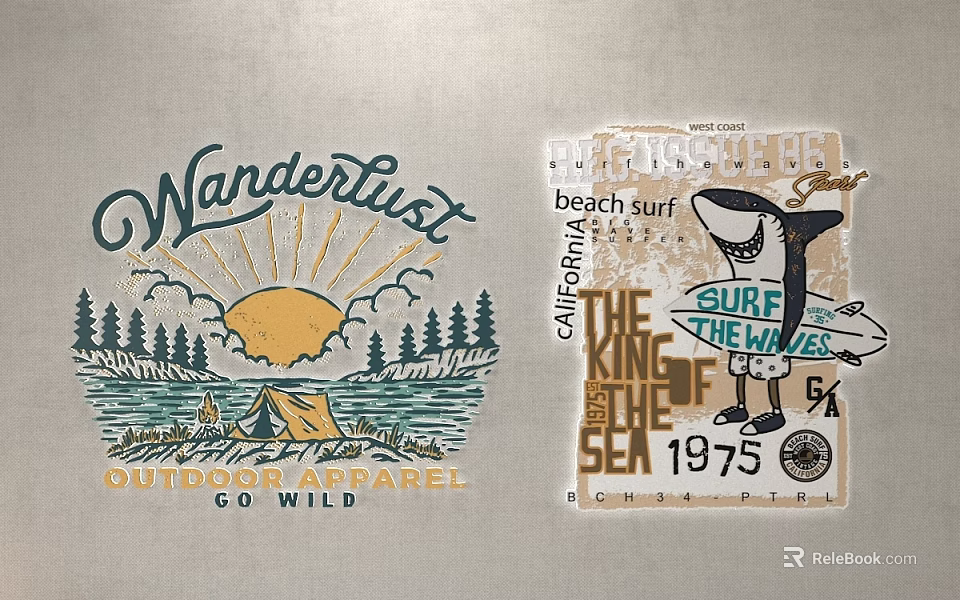 Outdoor and Ocean Theme Wall Decor with Sun Trees Tent Whale Waves and Surf Elements 3d model