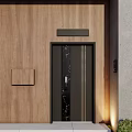 Modern Exterior Entrance With Black Marble Door House Number 802 Light Wall And Green Plants