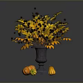 Autumn Plant Bouquet With Yellow Orange Leaves Black Berries Vase And Pumpkins On Dark Background