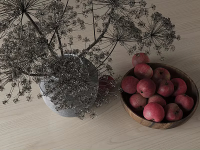 Fresh Red Apples in Wooden Bowl with Dried Flower Vase on Light Wood Table 3d model