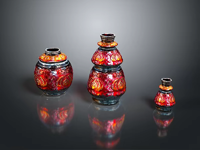 Carved Glass Vases in Red and Orange Patterns with Various Sizes on Black Background 3d model