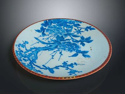 Traditional Porcelain Plate With Blue And White Floral Design And Red Rim 3d model