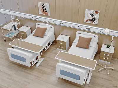 Medical Equipment in Modern Hospital Room Featuring Two Adjustable Beds Bedside Cabinets and Mobile Trolley 3d model