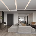 Modern Living and Dining Room Interior With Sofa Coffee Table Bookshelves Floor to Ceiling Windows