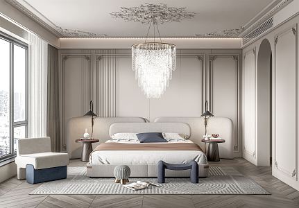 French Bedroom Double Bedside Cabinet Crystal Chandelier Single Sofa Bed End Stool Wall Lamp 3d model