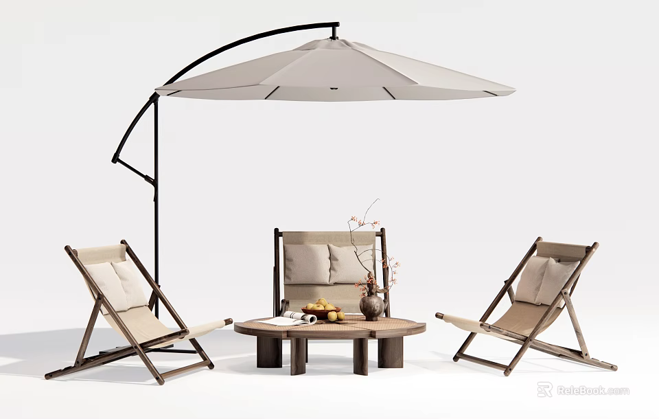 Stylish Outdoor Table Setup With Cantilever Umbrella Three Chairs And Decorative Vase 3d model 