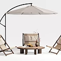 Stylish Outdoor Table Setup With Cantilever Umbrella Three Chairs And Decorative Vase