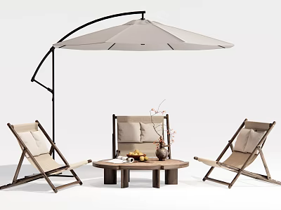 Stylish Outdoor Table Setup With Cantilever Umbrella Three Chairs And Decorative Vase 3d model