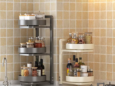 Practical Kitchen Corner Rotating Storage Racks With Spices Bottles And Jars 3d model