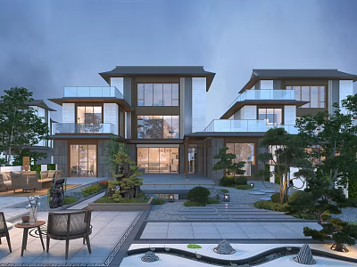Modern Detached Villa With Two Story Glass Balcony Garden Courtyard And Lush Greenery 3d model