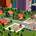 Cartoon City Scene With Colorful Tall Buildings Low Rise Structures Green Lawns And Trees