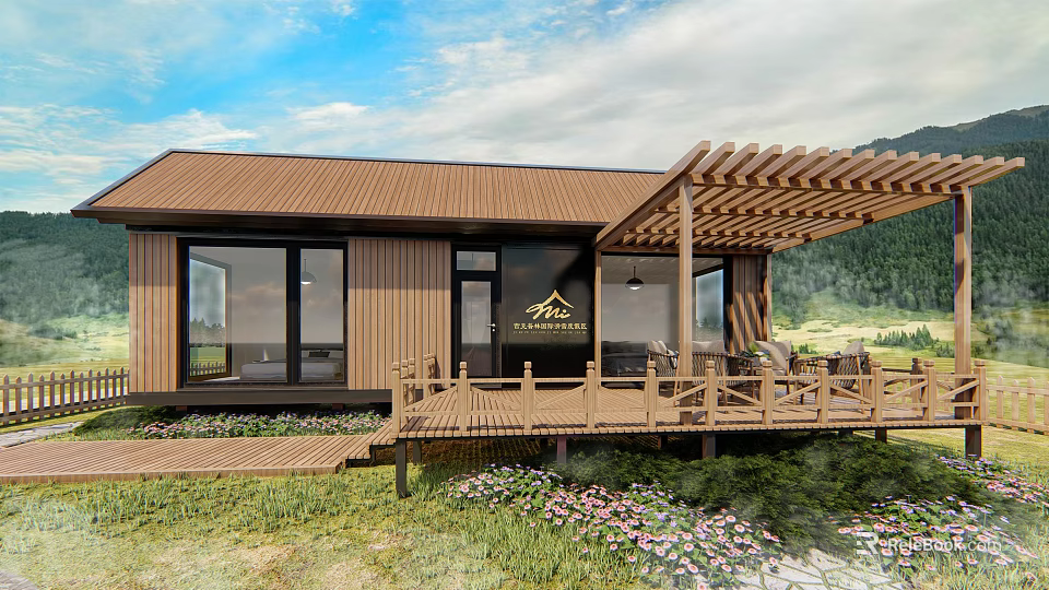 Wooden Guesthouse Building With Brown Roof Large Windows Pergola Patio And Mountain View 3d model 