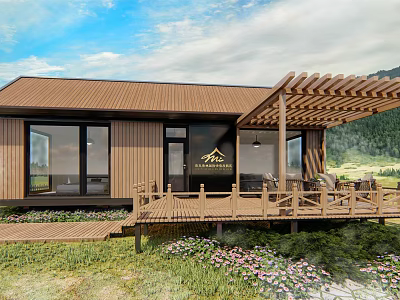 Wooden Guesthouse Building With Brown Roof Large Windows Pergola Patio And Mountain View 3d model