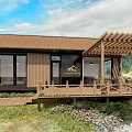 Wooden Guesthouse Building With Brown Roof Large Windows Pergola Patio And Mountain View
