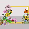 Colorful Flower Decorated Photo Check In Spot With Yellow Frame And Modern Building Background